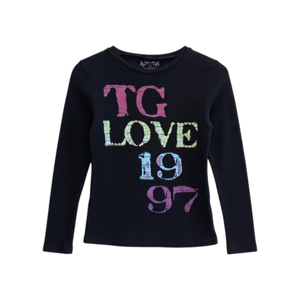Total Girl Waffle Knit Graphic Top Womens L Y2K Style Grunge Retro McBling Black